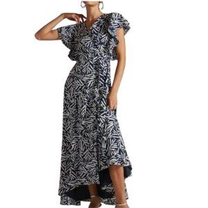 Hutch x Anthropologie Blue Floral Flutter Sleeve Max Wrap Dress S